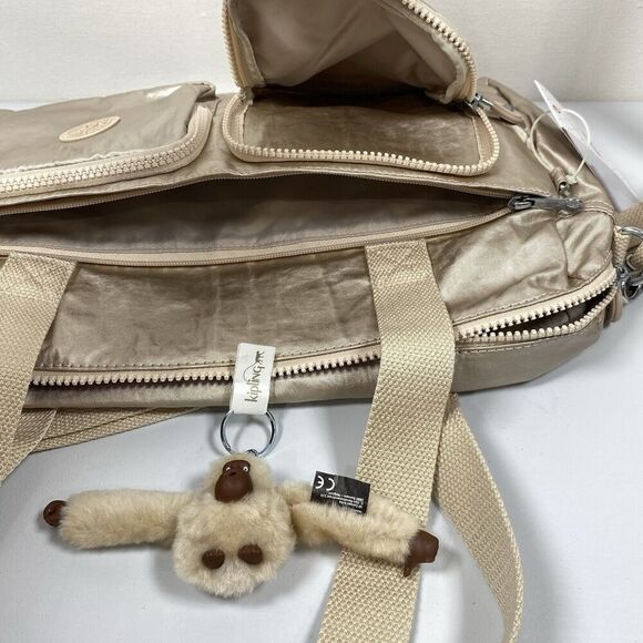 Kipling Cyrene Carry On Travel Bag Crossbody Double Handle Sparkly Gold With Tag - Picture 10 of 16